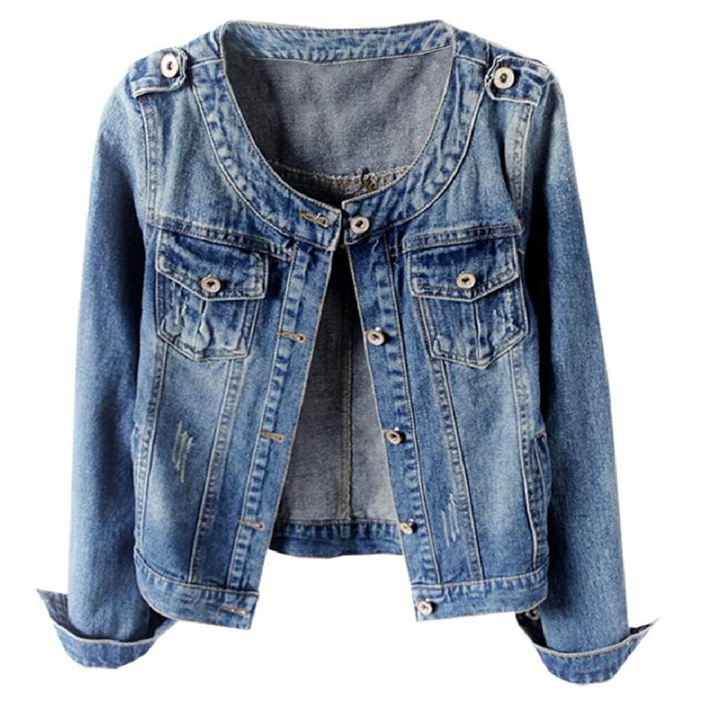 Women's Denim Jacket Collarless Crop Button Front Long Sleeve